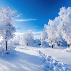 Obraz na płótnie Canvas panoramic view of a snowy landscape with snow-covered trees and a bright blue sky,