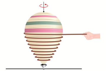 Spinning wood. Pulling the rope. Torque applied to the top. Angular momentum. Physics kinetic energy. Physics, chemistry, mathematics, geometry.