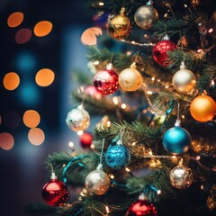 Obraz na płótnie Canvas Christmas tree with colorful lights and ornaments