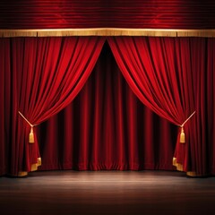 A classic theater stage with red velvet curtains and customizable copy text