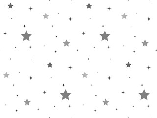 Starry seamless pattern. Gray stars and sparks of different sizes on white. Cute monochrome background for design