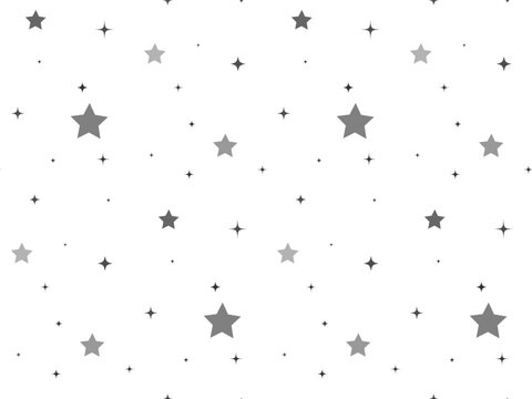 Starry seamless pattern. Gray stars and sparks of different sizes on white. Cute monochrome background for design