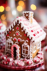 beautifully decorated gingerbread house, complete with candy canes