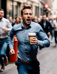 man in the city running with coffee