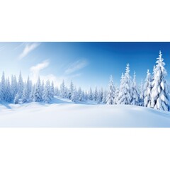 panoramic view of a snowy landscape with snow-covered trees and a bright blue sky,