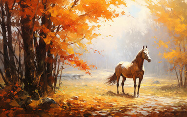 cavalo em linda paisagem de outono no parque  - obrazy, fototapety, plakaty