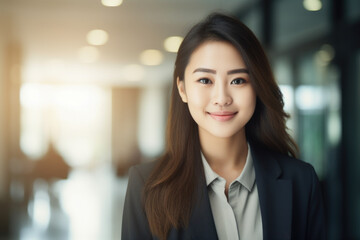 Naklejka premium Professional woman dressed in business suit standing confidently in hallway. Suitable for corporate, office, and professional concepts