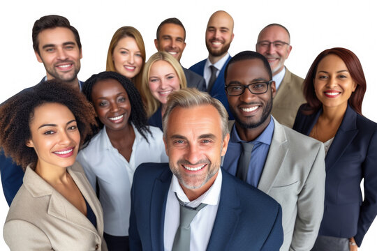 Group of business people gathered together, posing for professional picture. Suitable for corporate websites, team presentations, and promotional materials