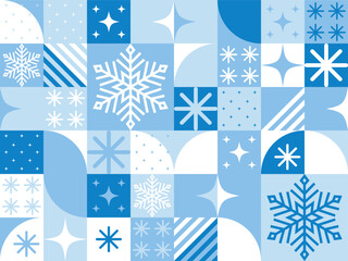 Materiał do szycia Geometry square tile seamless winter pattern. Seasonal blue abstract background with geometric elements snowflakes and sparks. Endless mosaic ornament for design