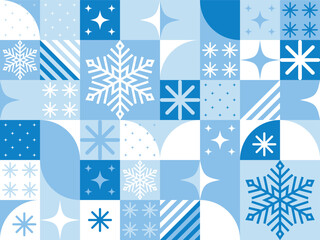 Geometry square tile seamless winter pattern. Seasonal blue abstract background with geometric elements snowflakes and sparks. Endless mosaic ornament for design