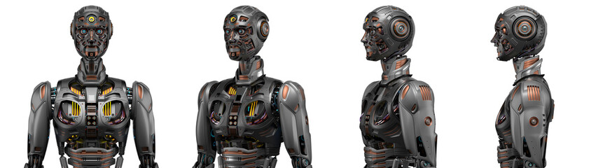 Futuristic robot man or very detailed humanoid cyborg. Collage or set of four different angles of the upper body. Isolated on transparent background. 3d rendering