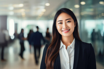 Professional woman in business suit standing confidently in front of group of people. This image can be used to represent leadership, teamwork, business meetings, or corporate presentations