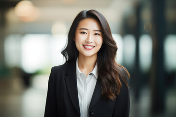 Professional woman wearing business suit smiles confidently for camera. This picture can be used to represent success, professionalism, and positive work environment
