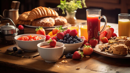 Breakfast spread featuring croissants, assorted berries, cereal, fresh fruits, milk, and a variety of other healthy options on a wooden table bathed in sunlight. - obrazy, fototapety, plakaty