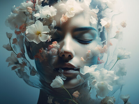 Foto de dupla exposi&ccedil;&atilde;o lindo rosto e flores 