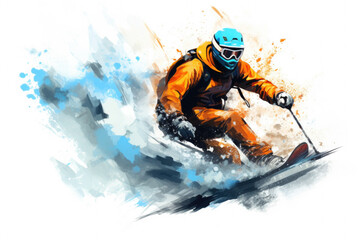 Man is seen riding skis down snow-covered slope. This image can be used to depict winter sports and outdoor activities