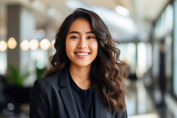 Obraz premium Professional woman wearing business suit smiles at camera. This image can be used to portray confidence, success, and professionalism in various business and corporate contexts