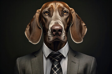 Portrait of dog in human clothing. Creative portrait of dog wearing business suit on abstract background. Anthropomorphic animal