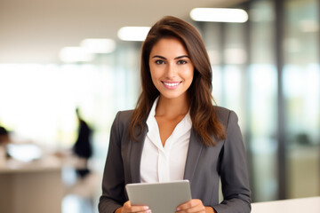 Professional woman dressed in business suit confidently holds tablet. This image is perfect for showcasing modern technology in corporate setting