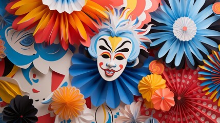 Carnival paper cut-out with pom-poms - obrazy, fototapety, plakaty