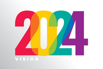 2024 Vision Composition Concept with Spectrum Style Narrow Overlapping Numerals Logo and Bold Lettering - Rainbow Multicolor on Light Background - Mixed Graphic Design