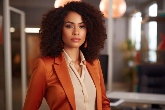 Woman wearing orange blazer strikes pose for photograph. This image can be used for professional headshots, fashion editorials, or corporate branding