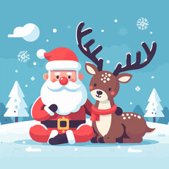 flat vector illustration of santa claus sitting with reindeer	
