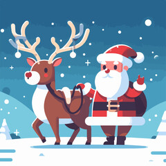 flat vector illustration of Santa claus riding with reindeer
