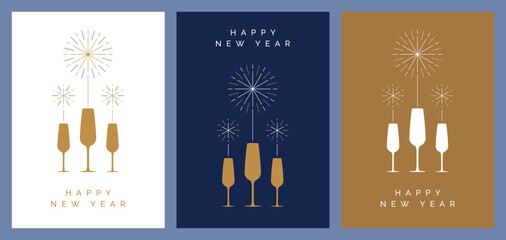 Happy New Year Design Template with Illustration of Champagne Glasses and Fireworks. Modern New Year Poster Vector Design for NYE Party Invitation, Greeting Card, Invite, Flyer, Banner, Cover.  - 681745518
