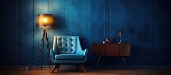 dimly lit room, a vintage wall adorned with an abstract pattern in shades of blue, created a striking backdrop for the retro art illustration showcased with textured design. The abstract illustration