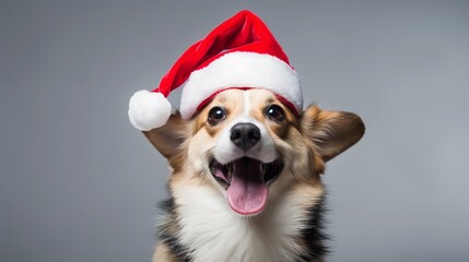 Joyful dog in a Christmas hat, animals during Christmas
