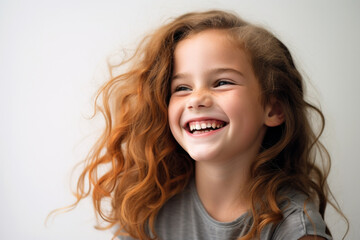 Picture of young girl with long red hair smiling. This image can be used to convey happiness, youthfulness, and natural beauty