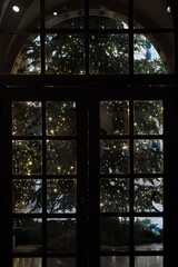 Albero di Natale visto attraverso una vetrata a forma di arco