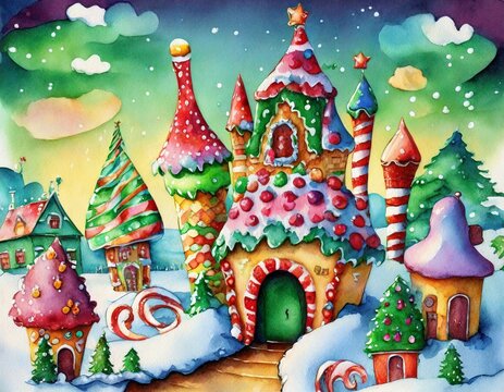 Pueblo Navideño Infantil, Fantástico, Acogedor Con Castillo, Nieve Y Dulces