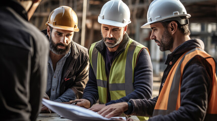 Group of construction workers, wearing hardhats and safety vests, are engaged in a meeting with blueprints at a construction site. - obrazy, fototapety, plakaty