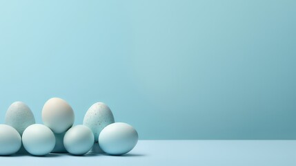 Easter deride up with pastel chocolate eggs on blue background - obrazy, fototapety, plakaty