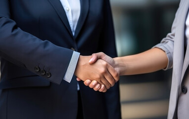 Businessman shaking hands with businesswoman. Business vibe