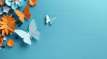 Enrichment with calendula marigold blooms and origami paper butterflies on blue background - obrazy, fototapety, plakaty