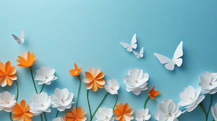 Enrichment with calendula marigold blooms and origami paper butterflies on blue background - obrazy, fototapety, plakaty