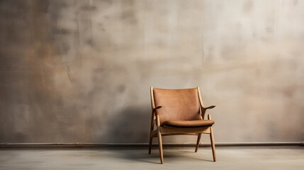 Wooden armchair with leather upholstery against the background of a concrete wall, modern retro design