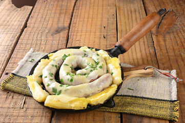 pork sausage packaged pork fried food with cheese and cassava topping healthy food