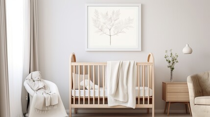 a baby white muslin blanket mockup delicately hanging over a baby crib, the essence of comfort and tenderness in a nursery setting.