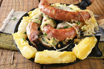 pork sausage packaged pork fried food with cheese and cassava topping healthy food