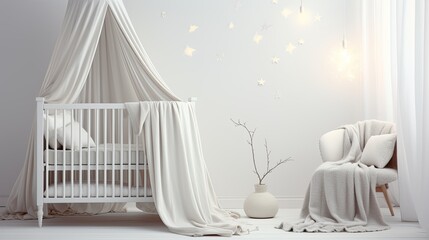 Fototapeta na wymiar a baby white muslin blanket mockup delicately hanging over a baby crib, the essence of comfort and tenderness in a nursery setting.