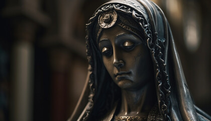 Religious statue symbolizes spirituality and wisdom in gothic architecture generated by AI