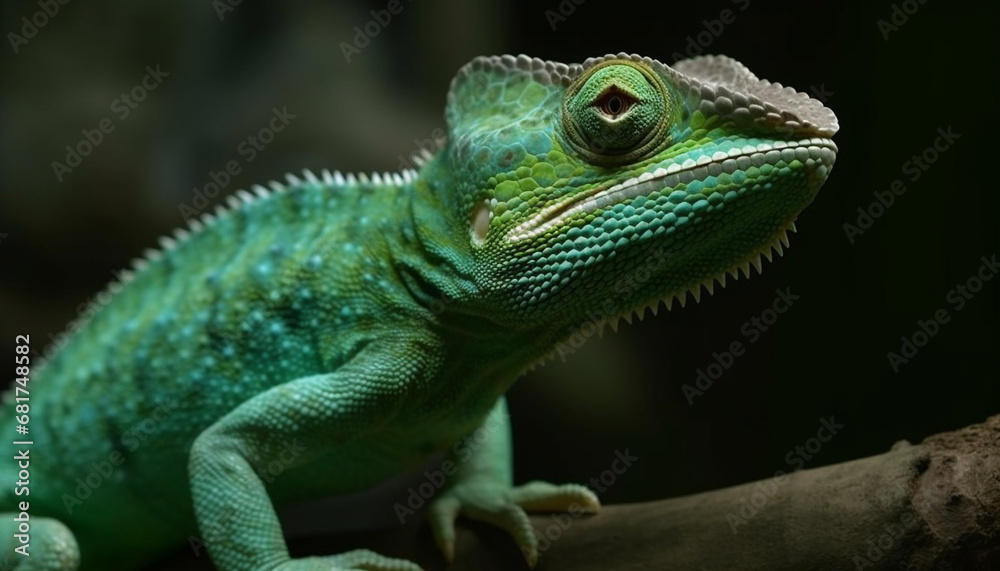 Poster Green lizard on branch, scales and eyes in sharp focus generated by AI