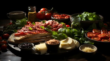 Pizza ingredients on wooden table. Italian food background. Top view.