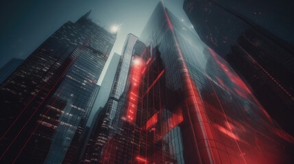 Futuristic city with red lights in the background.