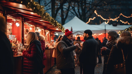 A group of people standing at a Christmas market and drinking wine, Christmas party