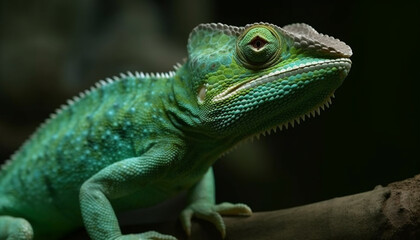 Green lizard on branch, scales and eyes in sharp focus generated by AI